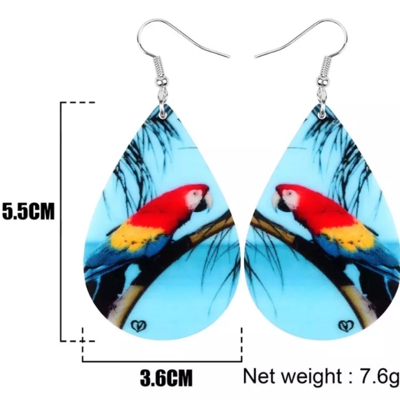Parrot Earrings. Tropical Bird Earrings Palm Tree - Picture 6 of 7